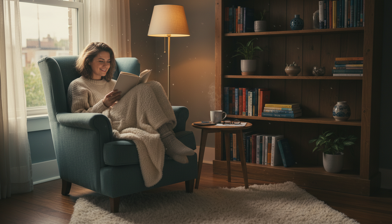 Photo réaliste d'une personne lisant confortablement installée dans un fauteuil moelleux près d'une fenêtre lumineuse, avec une tasse de café sur une table basse, ambiance chaleureuse aux tons beiges et dorés, style lifestyle cosy et naturel.