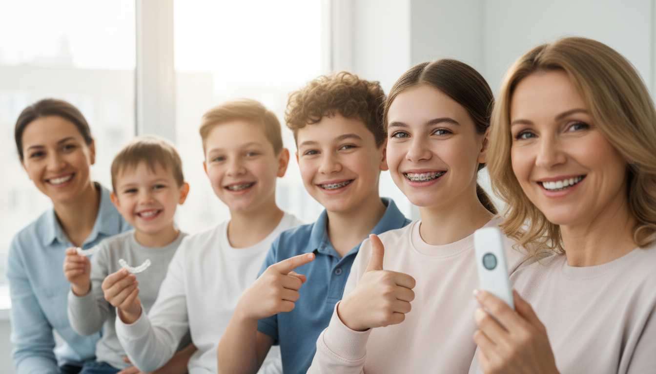 Enfant et adulte souriants avec différents types d'appareils dentaires, illustrant les âges clés pour la consultation orthodontique