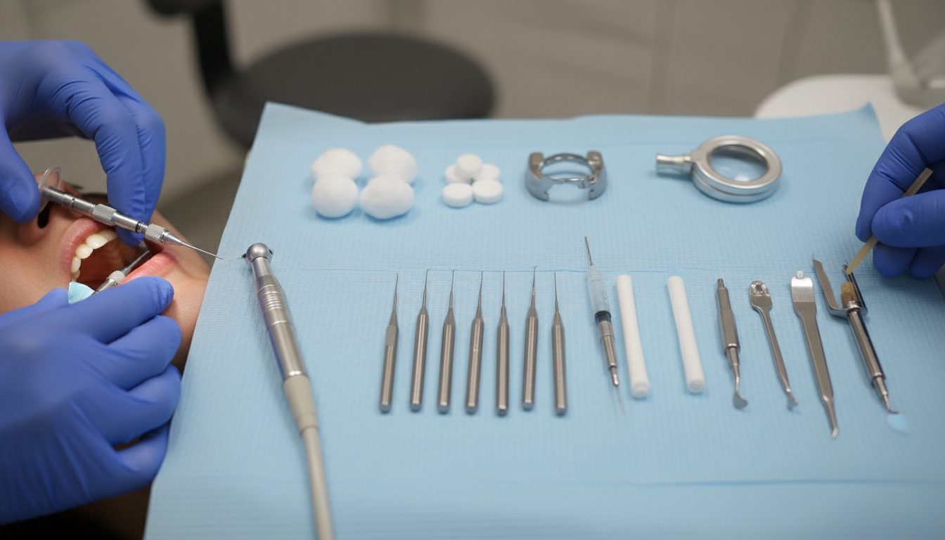 Illustration schématique des étapes de la dévitalisation dentaire, de l'anesthésie à l'obturation des canaux radiculaires