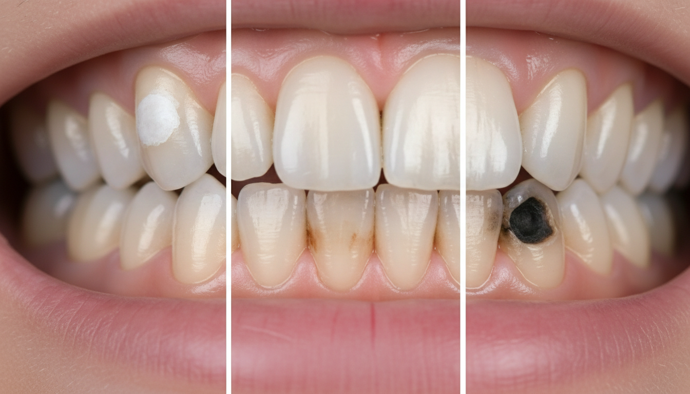 Illustrations des différents stades de carie dentaire : tache blanche, tache brune, cavité visible, pour l'auto-identification à domicile