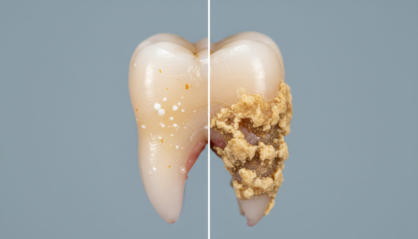 Illustration des étapes de formation du tartre et de la plaque dentaire sur une dent, de la plaque molle à la minéralisation complète