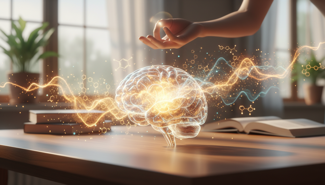 Infographie stylisée montrant le cerveau et les hormones du bonheur activées par la pensée positive, avec dopamine et sérotonine mises en évidence