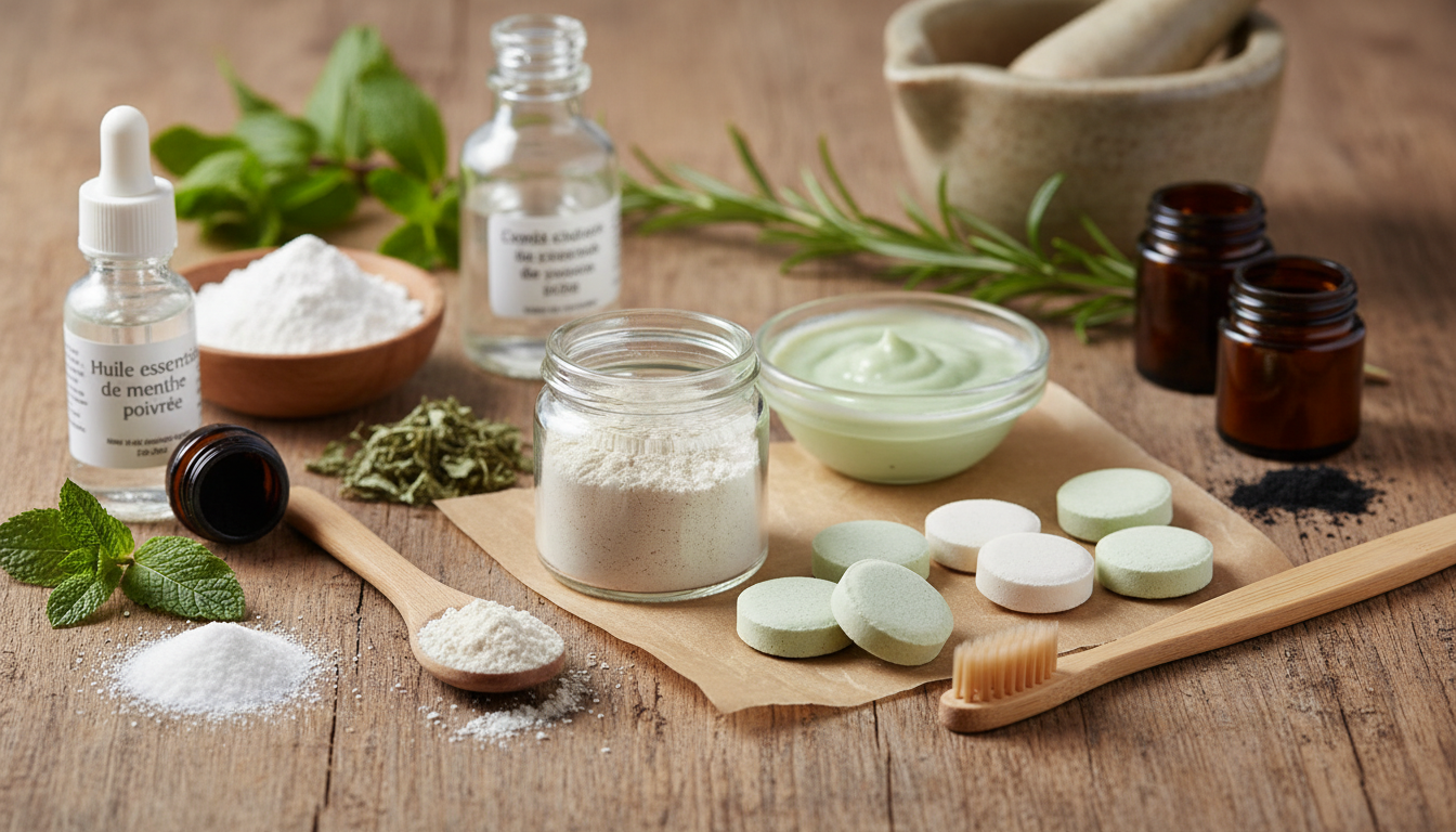 Assortiment de dentifrices maison en poudre, pâte et solide avec leurs ingrédients naturels disposés sur une surface en bois
