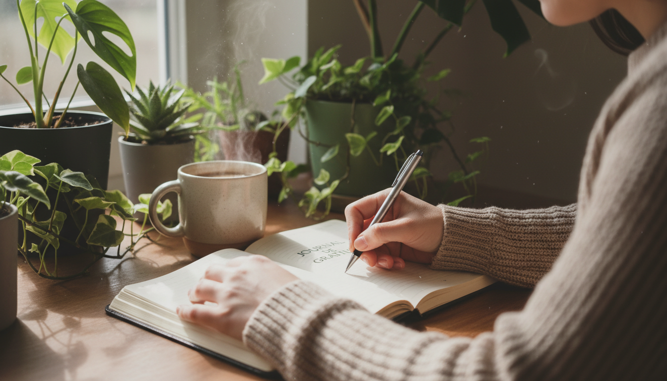 Personne écrivant dans un journal de gratitude avec une tasse de café et des plantes vertes sur la table, symbolisant une routine matinale apaisante