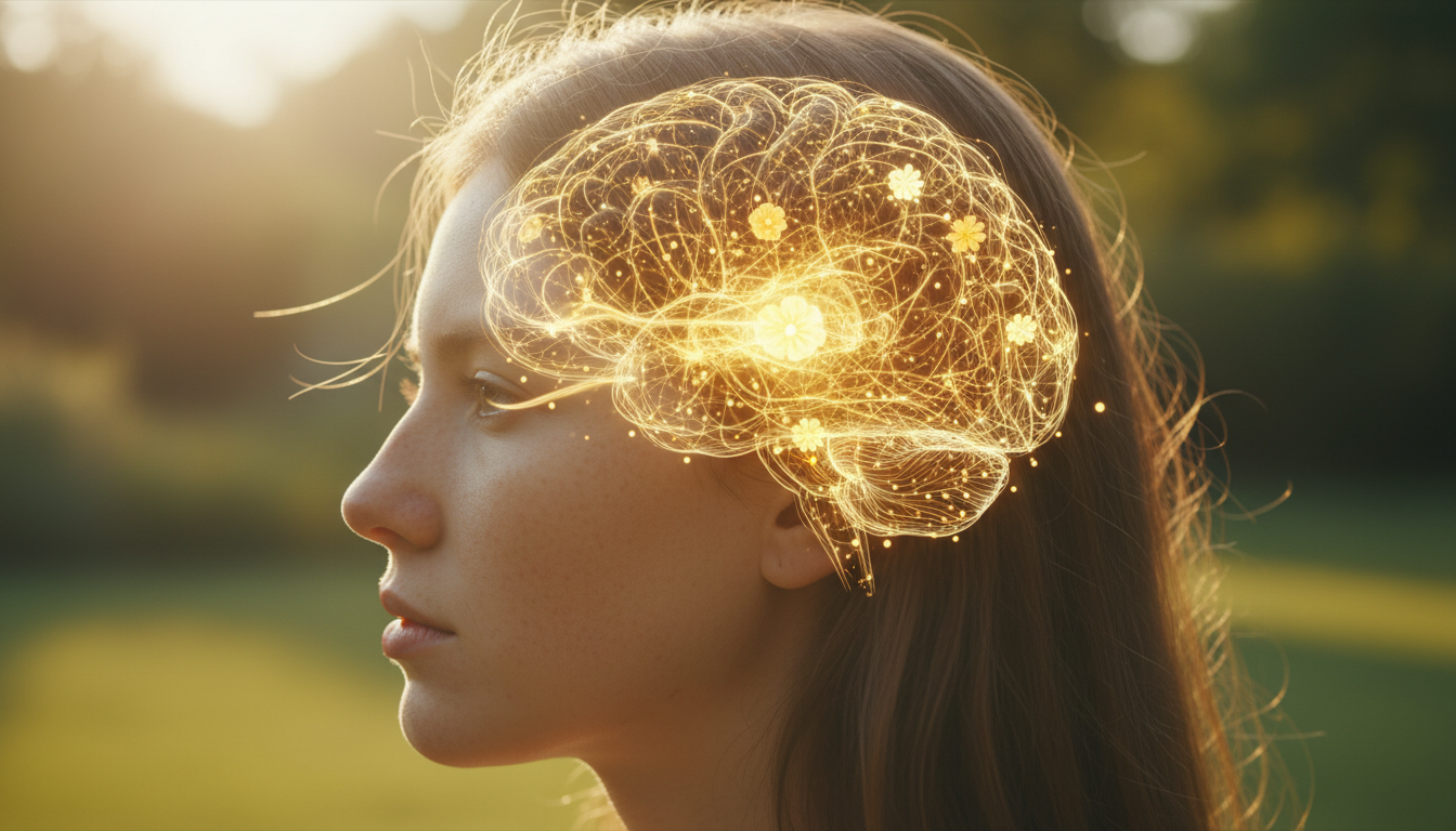 Infographie professionnelle et colorée représentant un cerveau humain stylisé avec des connexions neuronales lumineuses, illustrant la neuroplasticité et la pensée positive, fond bleu foncé, style médical moderne et épuré