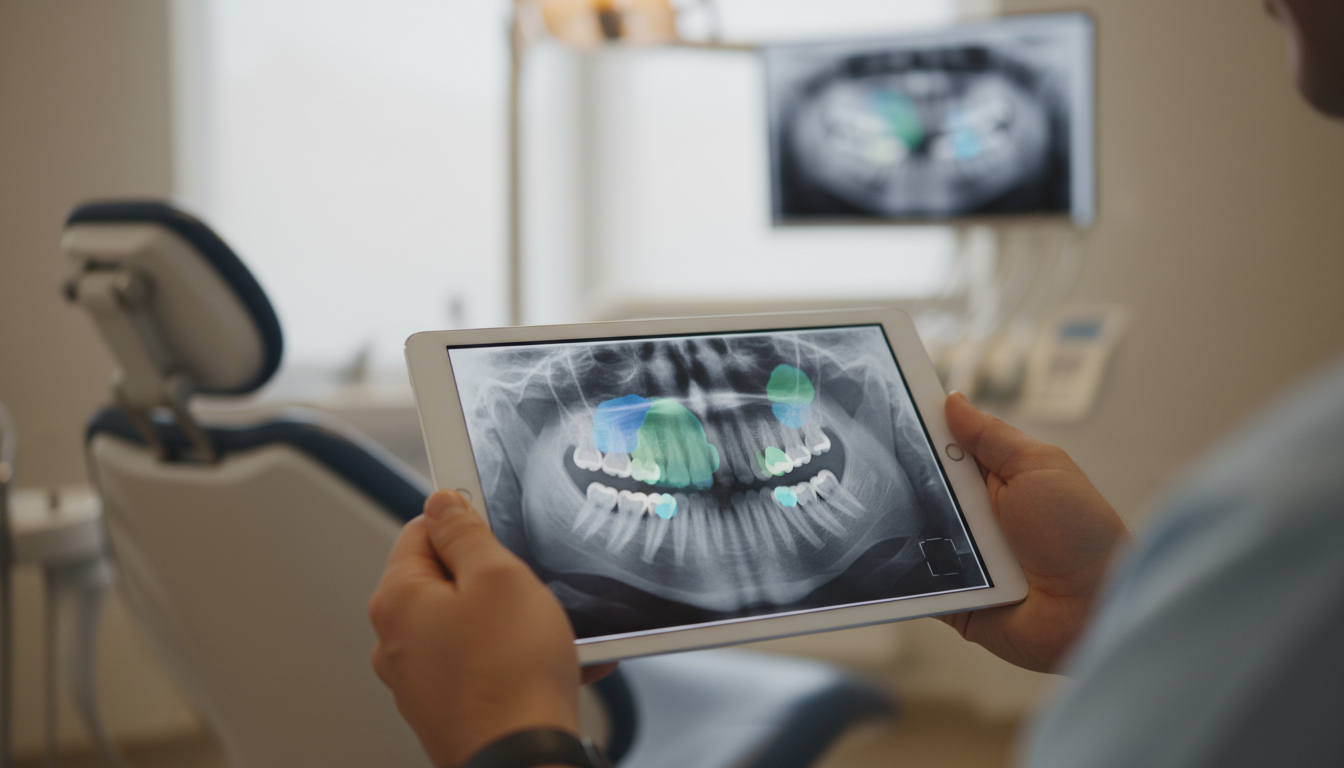 Schéma simplifié du fonctionnement d'un système de détection de caries par intelligence artificielle à partir d'une radiographie dentaire