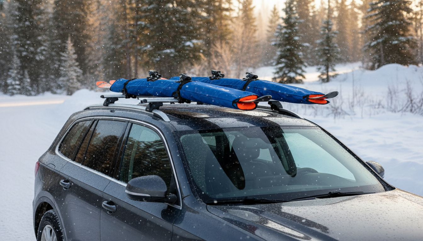 Illustration réaliste montrant deux skis chargés sur le toit d'un SUV avec des housses rembourrées bleues et des mousses de protection orange sur les carres, scène en extérieur avec neige légère, style professionnel et pédagogique