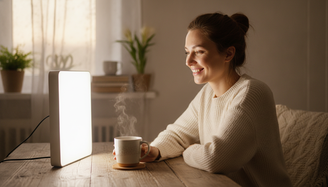 Photo réaliste d'une femme souriante utilisant une lampe de luminothérapie posée sur un bureau en bois, ambiance chaleureuse avec une tasse de thé fumante, lumière blanche intense au premier plan, style photographique naturel et chaleureux