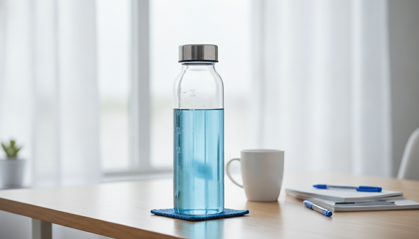 Photo réaliste d'une bouteille d'eau réutilisable en verre avec des marqueurs de temps gradués sur le côté, posée sur un bureau en bois clair, tons bleus et blancs, style professionnel et épuré