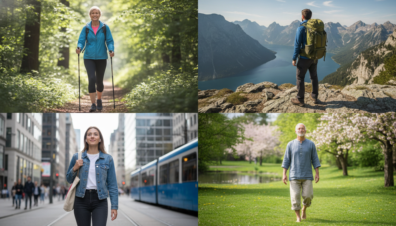 Illustration réaliste de quatre pratiquants de marche : marche nordique avec bâtons, randonneur en montagne avec sac à dos, marcheur urbain en ville, personne en marche méditative dans un parc ; style photographique professionnel, couleurs naturelles vertes et bleues, éclairage naturel