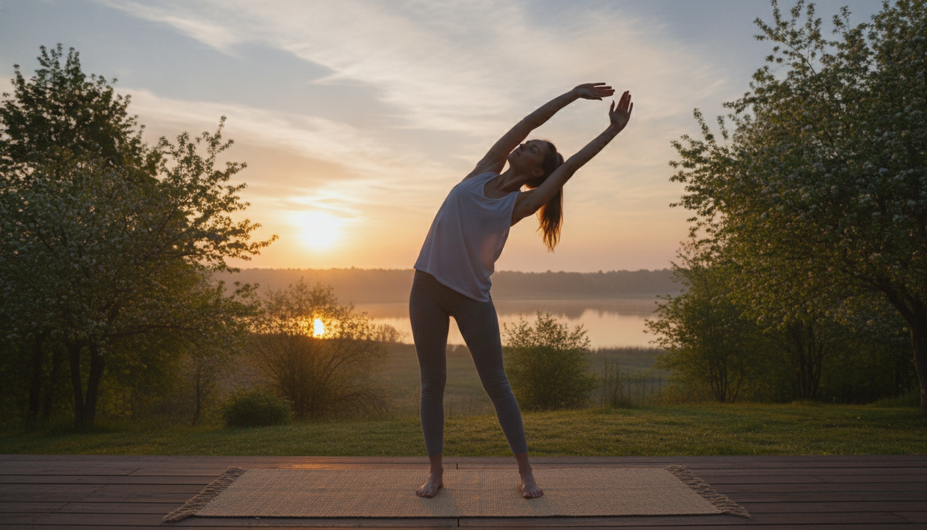 Illustration réaliste d'une jeune femme effectuant des étirements doux face au lever du soleil, tons orangés et bleu pastel, ambiance calme et lumineuse, style photographique naturel
