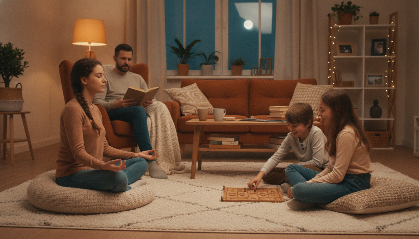 Illustration réaliste d'une famille dans un salon chaleureux pratiquant des activités relaxantes le soir : lecture, jeux de société et méditation, tons chauds orangés et beiges, style professionnel et apaisant