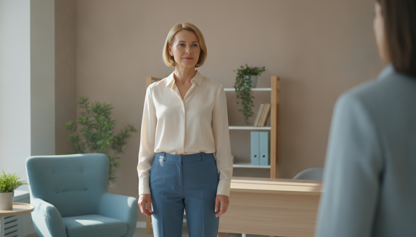 Illustration réaliste d'une femme adulte debout, posture droite, épaules ouvertes, regard direct et assuré vers son interlocuteur, mains détendues le long du corps, dans un bureau lumineux aux tons beige et bleu pastel, style photo professionnelle naturelle