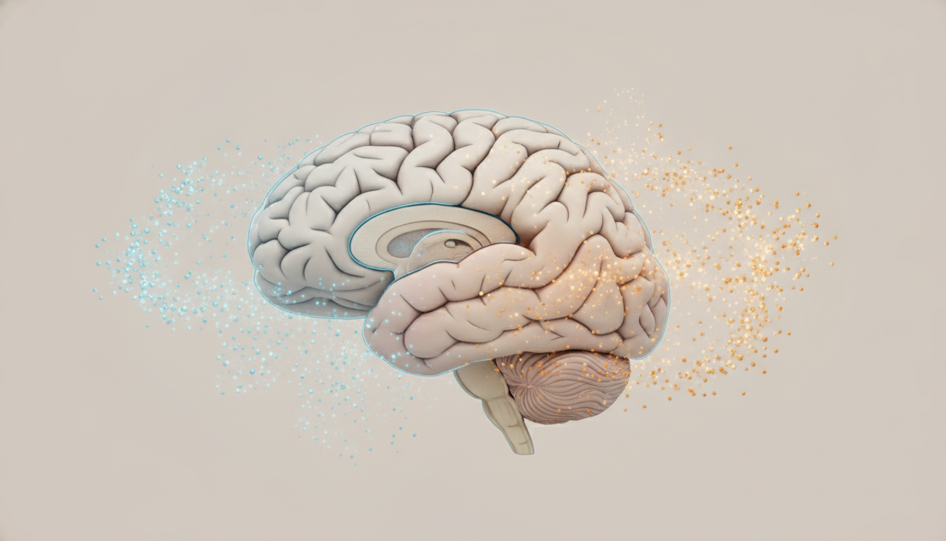 Illustration scientifique du cerveau humain en coupe, zones frontale et limbique surlignées en bleu et orange, particules lumineuses représentant dopamine et sérotonine, style professionnel médical, fond neutre clair