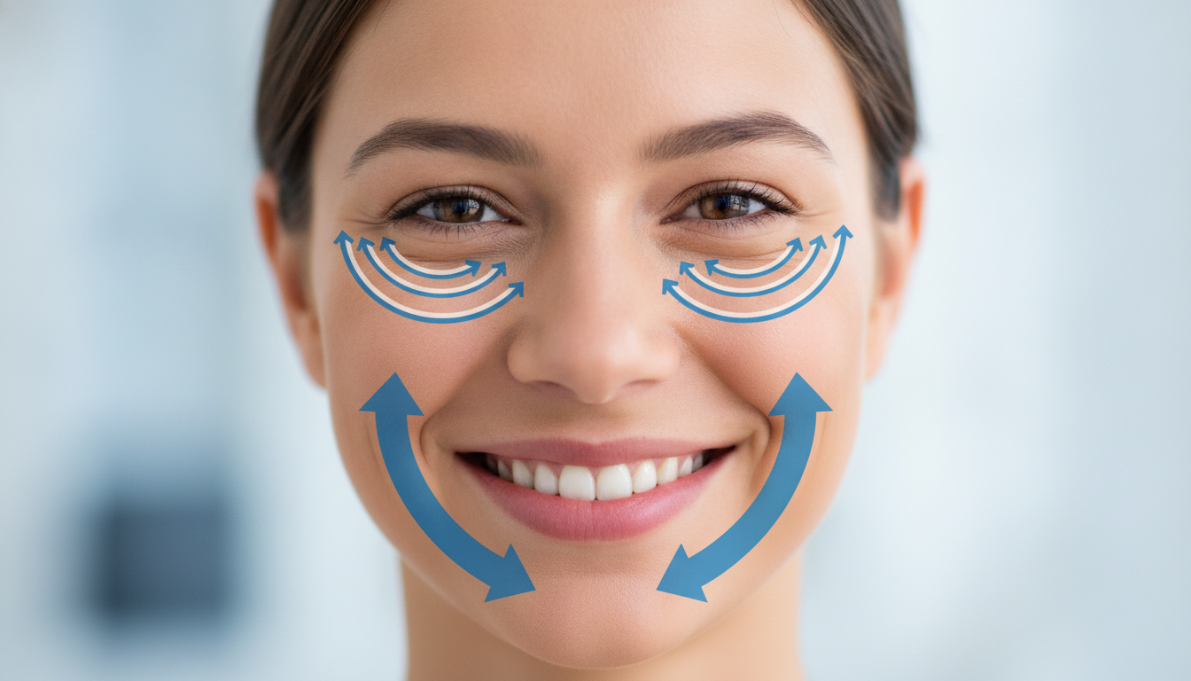Illustration médicale professionnelle d'un visage souriant sincèrement, avec des flèches diagrammatiques indiquant l'activation des muscles zygomatiques autour de la bouche et des muscles orbiculaires autour des yeux, tons bleus et blancs, style schéma anatomique épuré