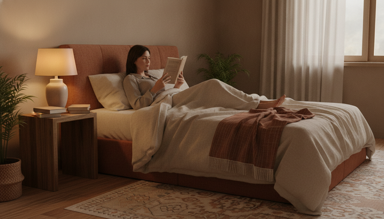 Photo réaliste d'une chambre cosy aux tons chauds beige et terracotta, une personne installée sous une couette lit un livre papier éclairée par une lampe de chevet à lumière ambrée, ambiance douce et intimiste