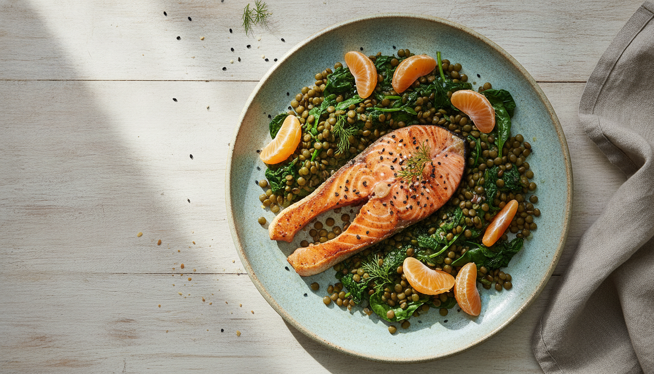 Photo réaliste vue de dessus d'une assiette colorée avec saumon grillé, lentilles, épinards et quartiers de clémentine, fond en bois clair, lumière naturelle douce, style culinaire professionnel