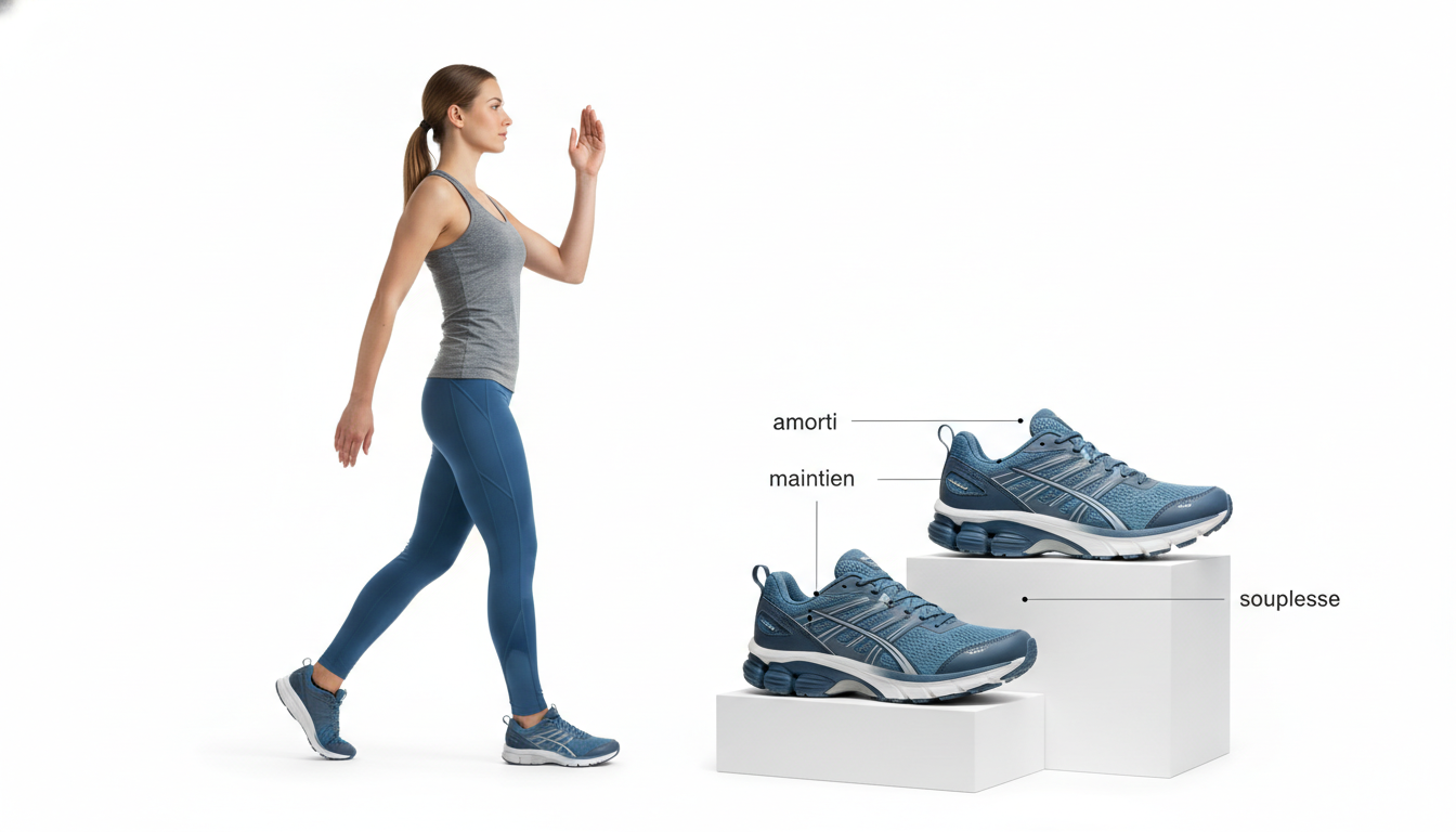 Infographie médicale et technique montrant la posture correcte de marche (tête, épaules, bras, bassin, pied) et les critères de choix des chaussures (amorti, maintien, souplesse) ; style professionnel, fond blanc, couleurs bleu et gris, schémas annotés