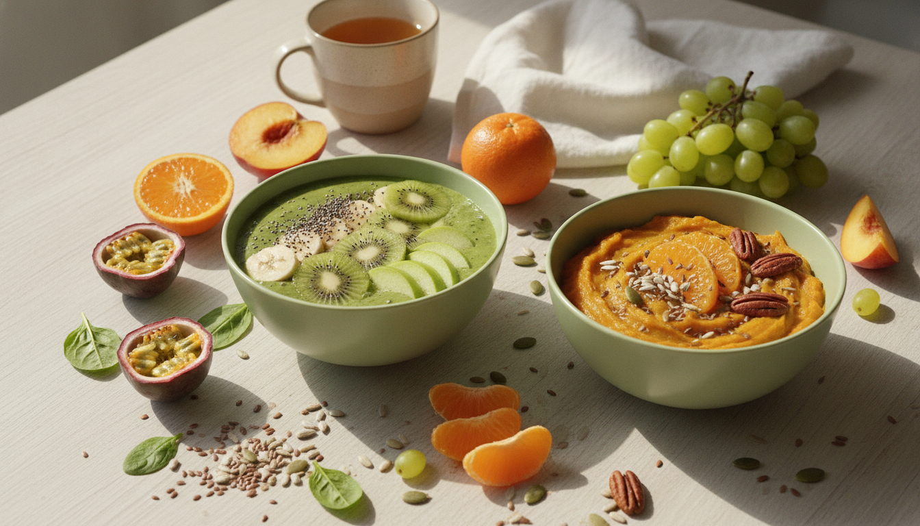 Photo réaliste d'un petit-déjeuner sain et coloré composé d'un smoothie bowl, de flocons d'avoine, de fruits frais et de graines, tons verts et orangés, style culinaire lumineux et naturel