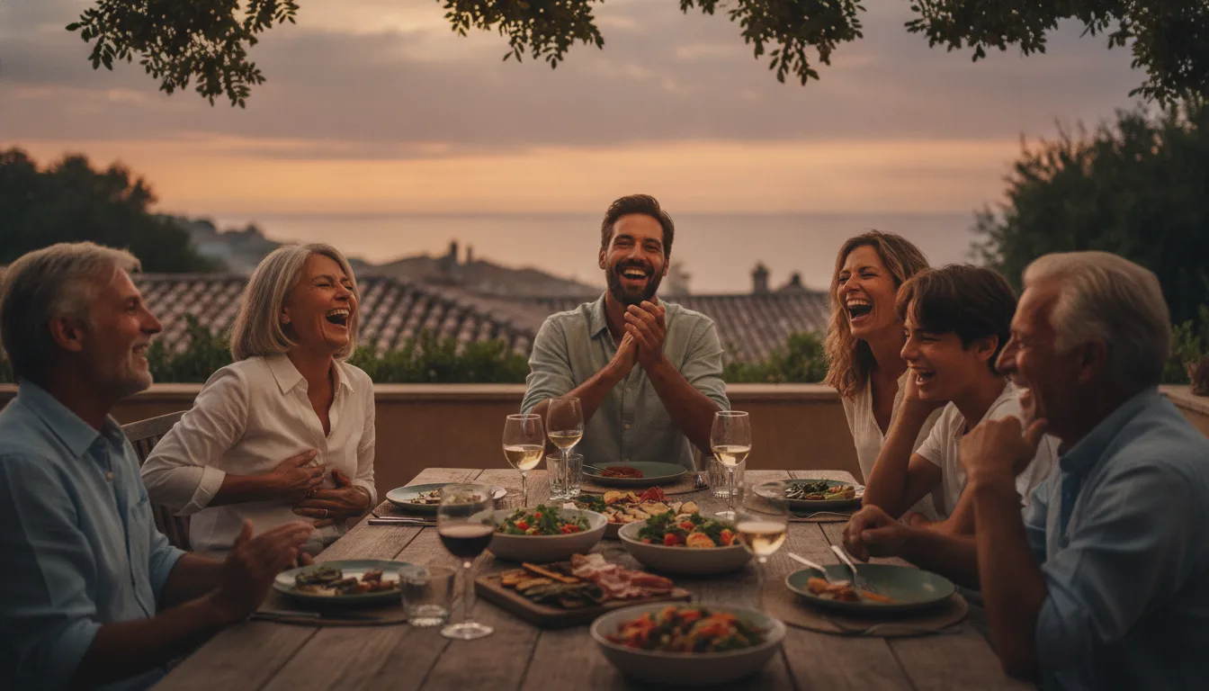 Amis de plusieurs générations riant aux éclats autour d'une table de repas en terrasse, coucher de soleil d'été, lumière dorée chaleureuse, tons chauds, photographie lifestyle naturelle