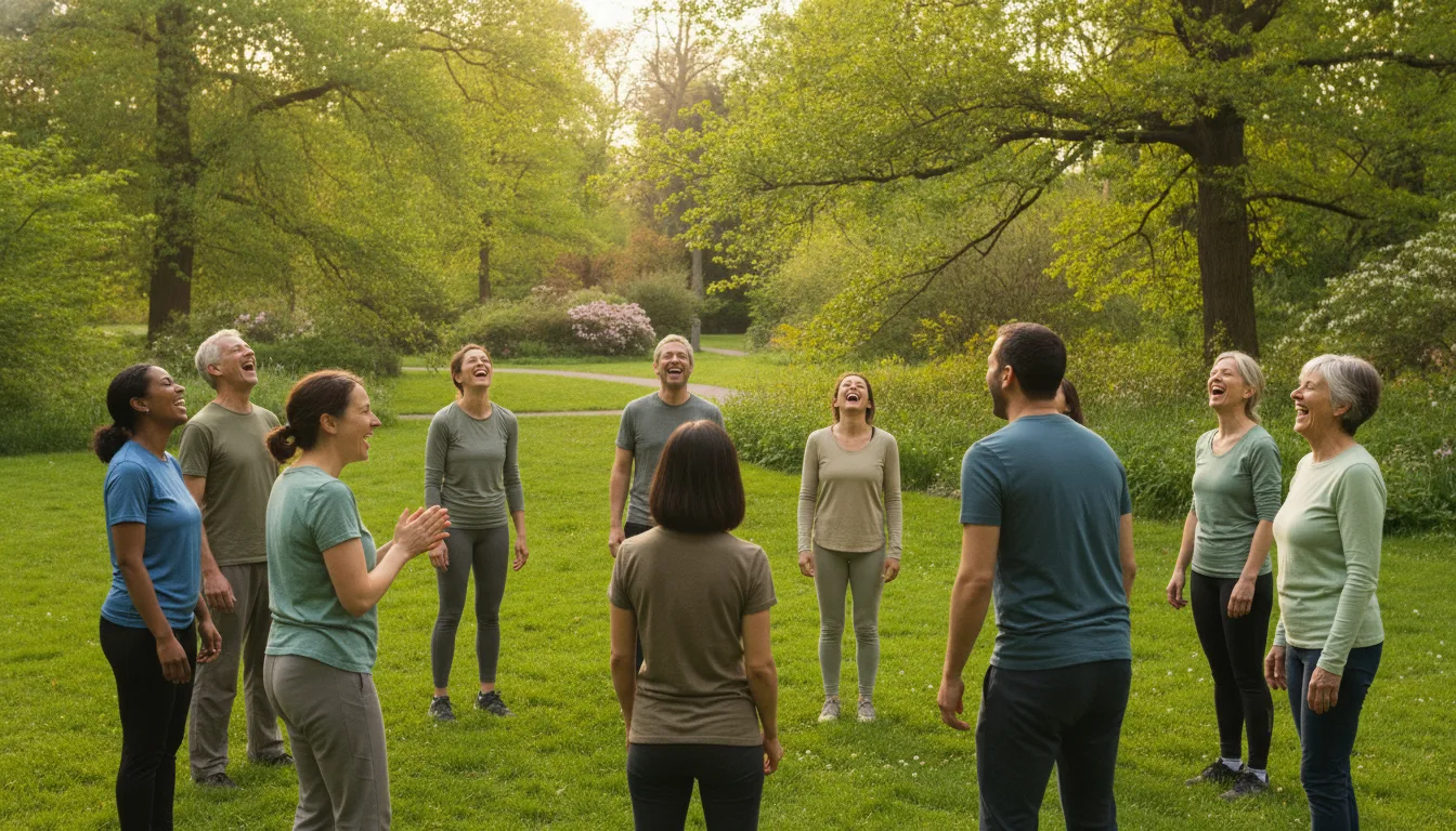 Groupe d'adultes debout en cercle dans un parc verdoyant pendant une séance de yoga du rire, éclats de rire spontanés, lumière douce de fin de matinée, tons verts et dorés, photographie éditoriale naturelle