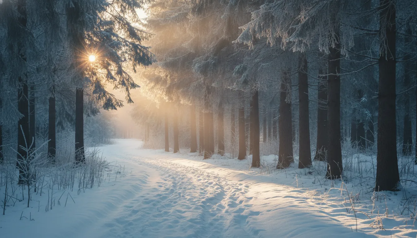 Sentier enneigé dans une forêt de sapins au lever du soleil, traces de pas fraîches dans la neige, lumière dorée rasante et brume légère, photo réaliste