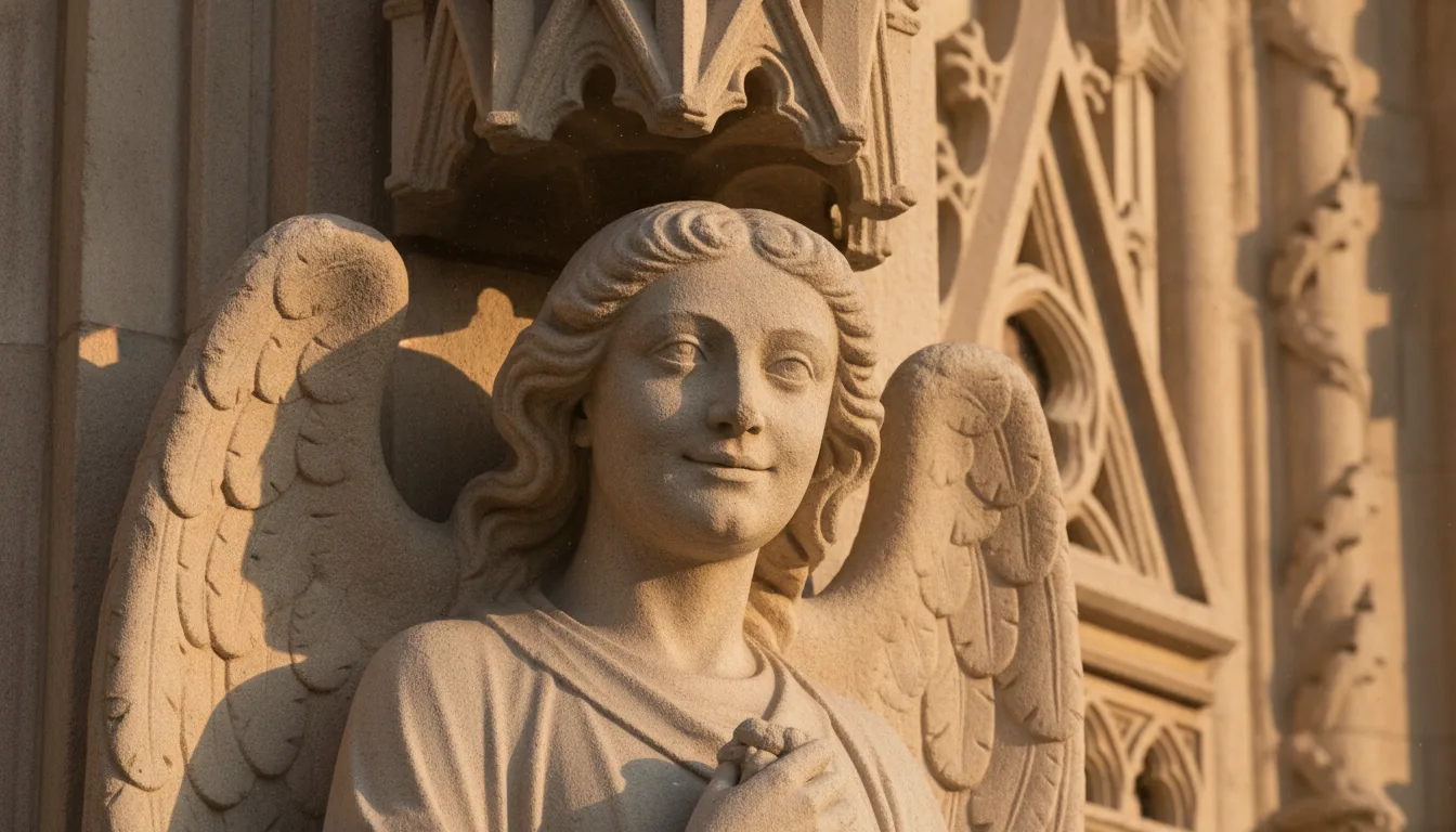 Gros plan sur une statue d'ange en pierre claire au sourire doux, sculptée sur le portail d'une cathédrale gothique, lumière rasante de fin d'après-midi, grain de la pierre visible, photo réaliste