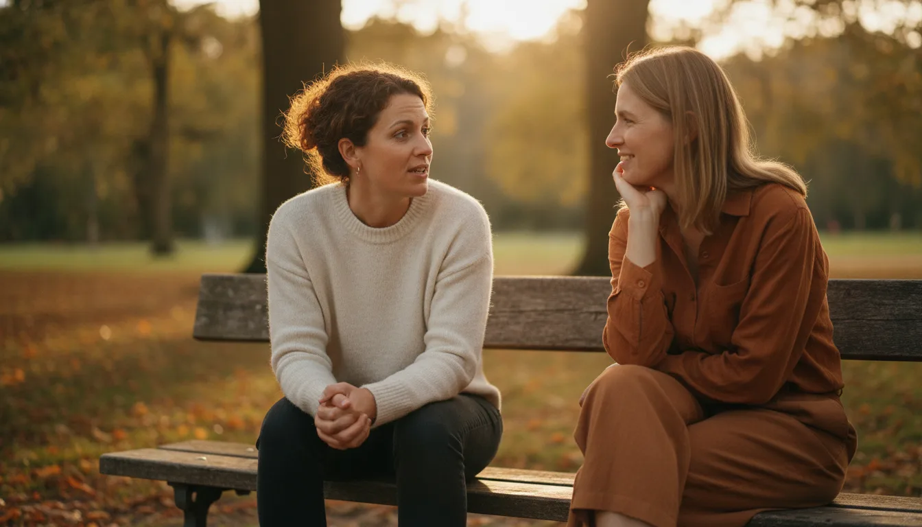 Photographie lifestyle réaliste de deux amies trentenaires assises sur un banc de parc en fin de journée, la première parle les mains serrées sur ses genoux, la seconde tournée vers elle écoute avec attention, lumière dorée douce, arbres flous en arrière-plan, tons chauds et naturels