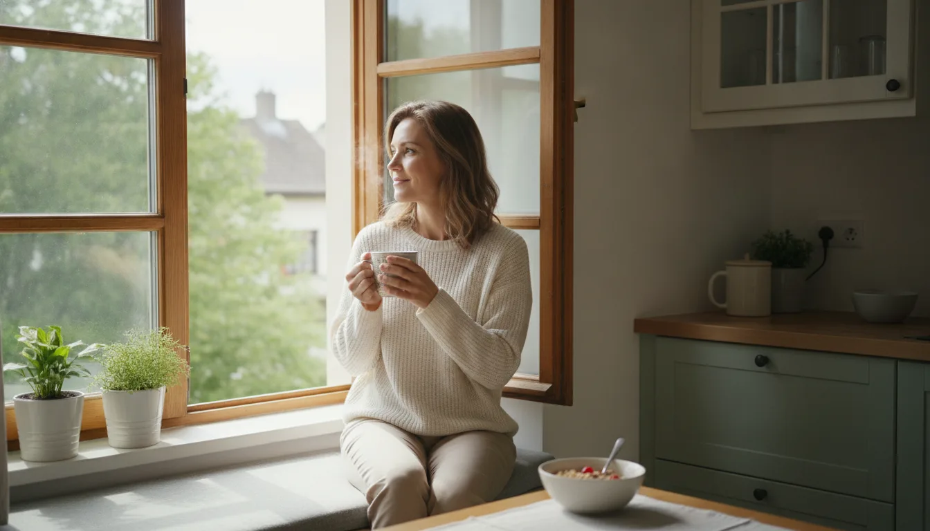 Photographie éditoriale naturelle d'une femme d'une trentaine d'années assise près d'une fenêtre ouverte dans une cuisine lumineuse, une tasse de café entre les mains, le regard tourné vers l'extérieur avec un léger sourire, lumière douce du matin, tons crème et vert sauge