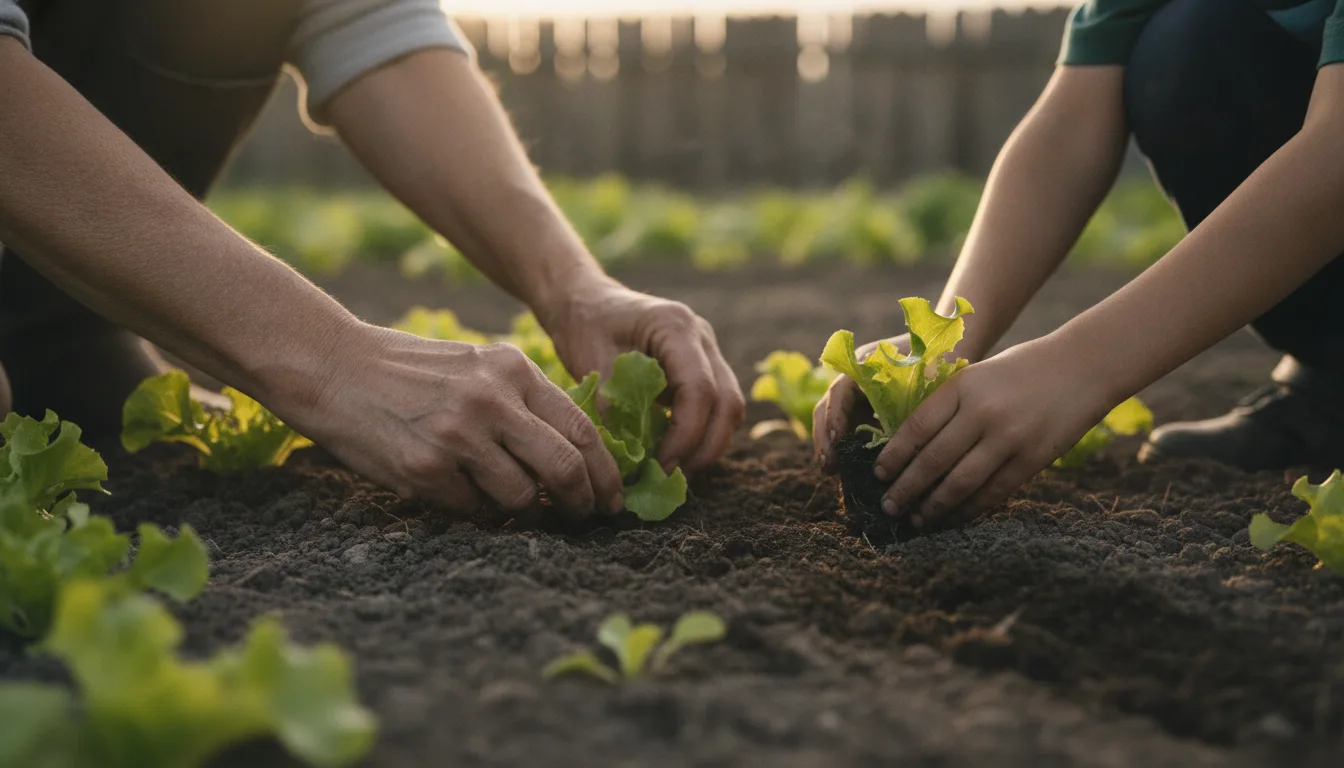 Gros plan sur les mains d'un adulte et d'un enfant qui repiquent des plants de salade dans la terre sombre d'un potager, sous la lumière dorée de fin de journée