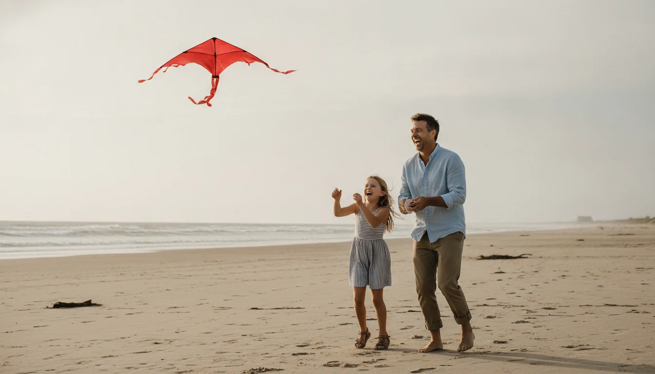 Un père et sa fille, huit ans environ, rient aux éclats en faisant voler un cerf-volant rouge sur une plage de sable par temps venteux, ciel pâle, vagues en arrière-plan, lumière naturelle douce