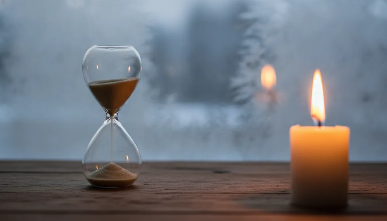 Sablier en verre posé sur une table en bois devant une fenêtre givrée, sable doré qui coule, bougie allumée à droite dont la flamme se reflète dans la vitre, lumière bleutée de soirée hivernale, photo réaliste