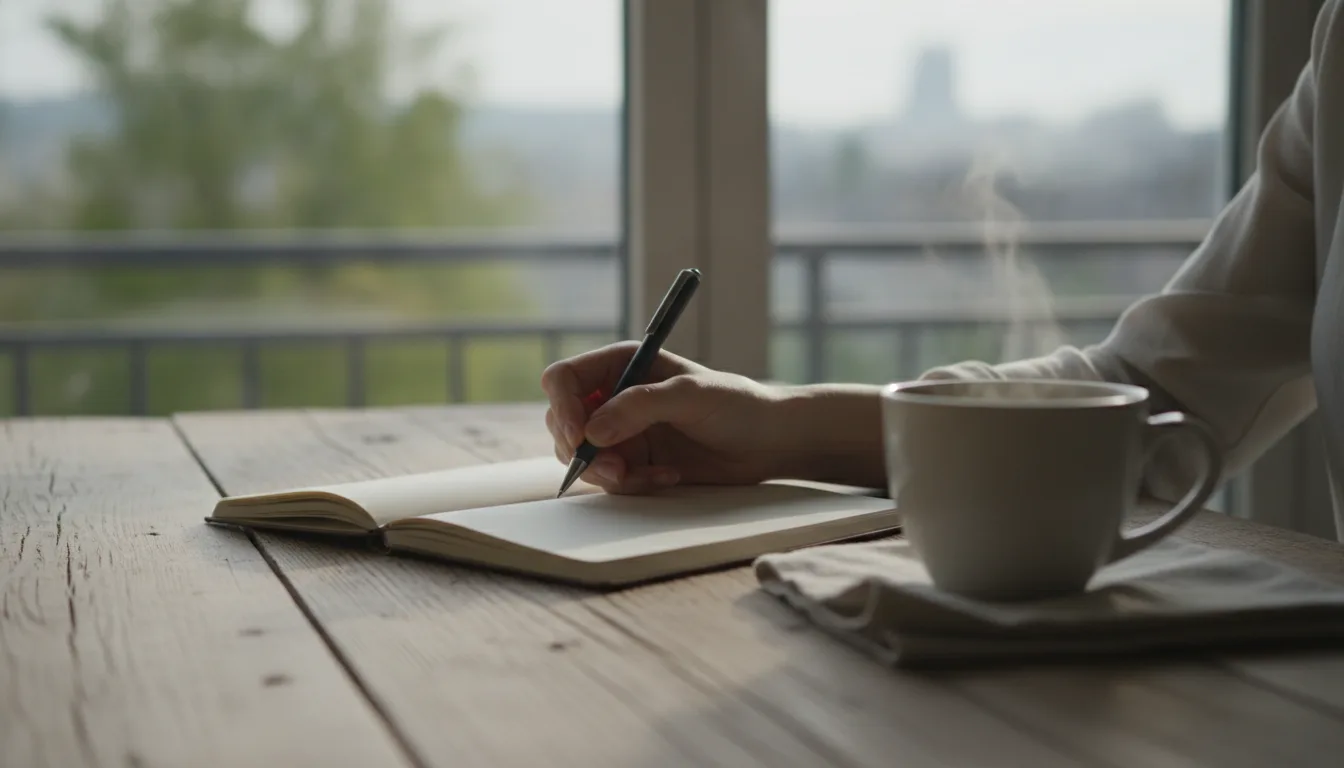 Main d'une femme tenant un stylo au-dessus d'un carnet ouvert posé sur une table en bois près d'une fenêtre, tasse de thé fumante à côté, lumière douce du matin, photo réaliste