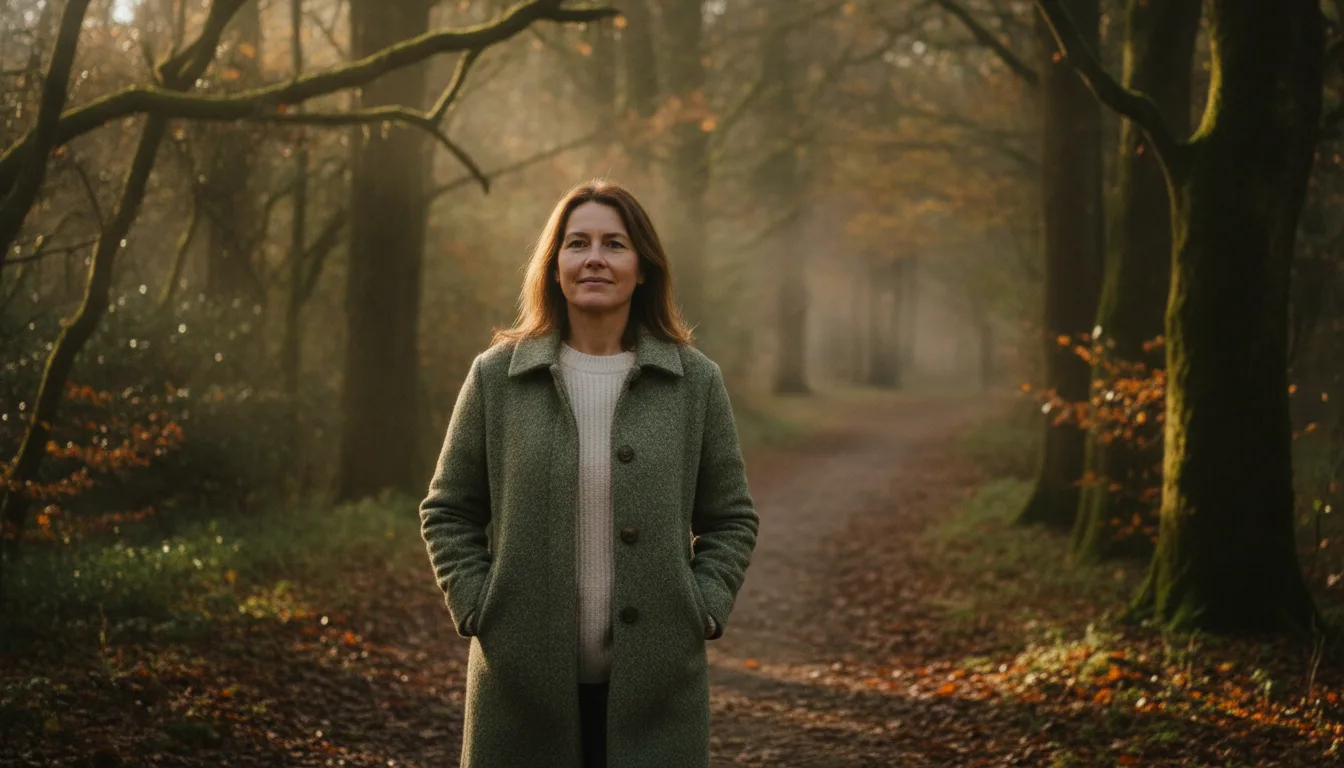 Photographie éditoriale naturelle montrant une femme de quarante ans environ qui marche seule sur un sentier forestier au petit matin, mains dans les poches de sa veste en laine, visage apaisé, brume légère entre les arbres, lumière dorée rasante, tons verts et ocre