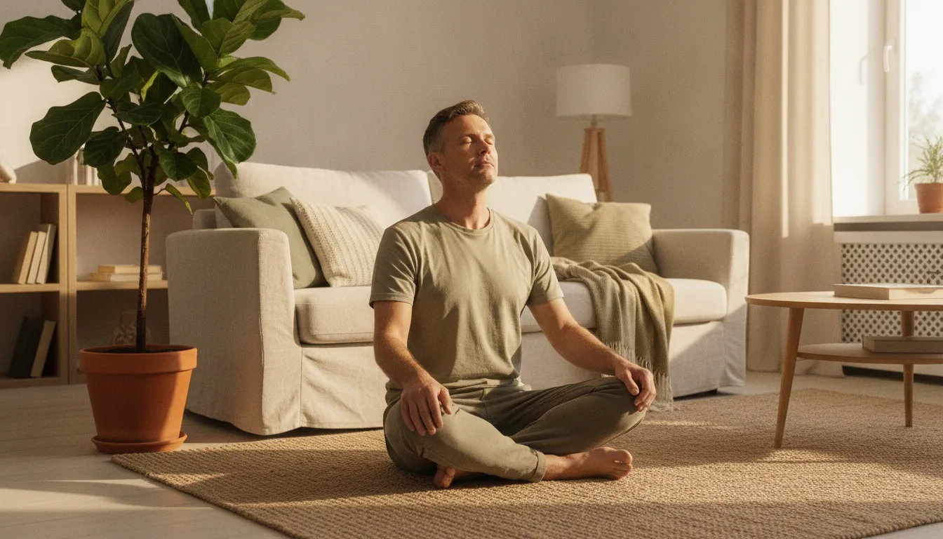 Photographie lifestyle naturelle d'un homme d'une quarantaine d'années assis en tailleur sur un tapis dans un salon clair, les yeux fermés, respirant calmement à côté d'une grande plante verte, lumière douce de fin d'après-midi, tons beige et vert
