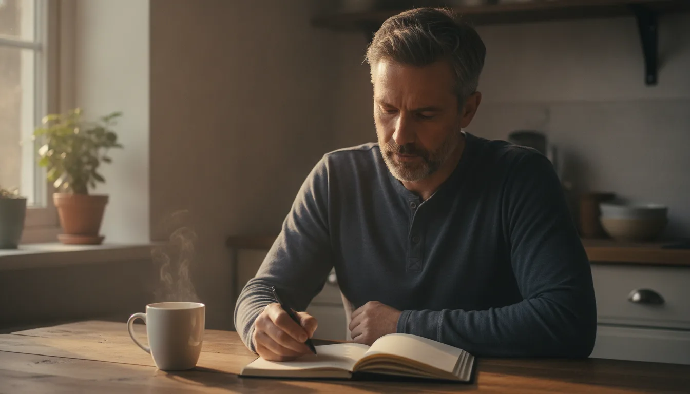 Photographie naturelle d'un homme d'une quarantaine d'années assis à une table de cuisine en bois au petit matin, un carnet aux pages blanches ouvert devant lui, un stylo à la main et une tasse de café fumante, lumière douce venant de la fenêtre, expression concentrée et sereine