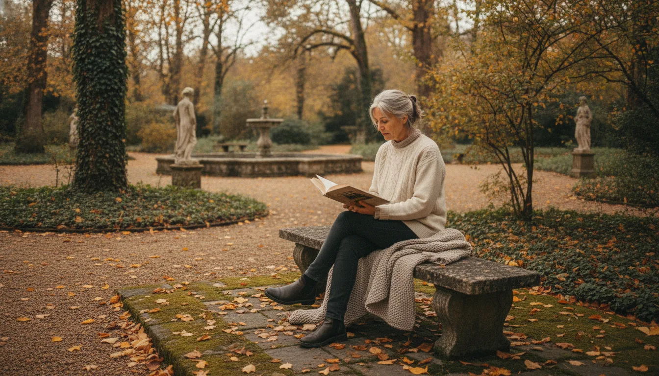Une femme aux cheveux gris, pull en laine écru, lit un livre assise sur un banc de pierre dans un jardin en automne, feuilles dorées au sol, statues et fontaine en arrière-plan, visage paisible