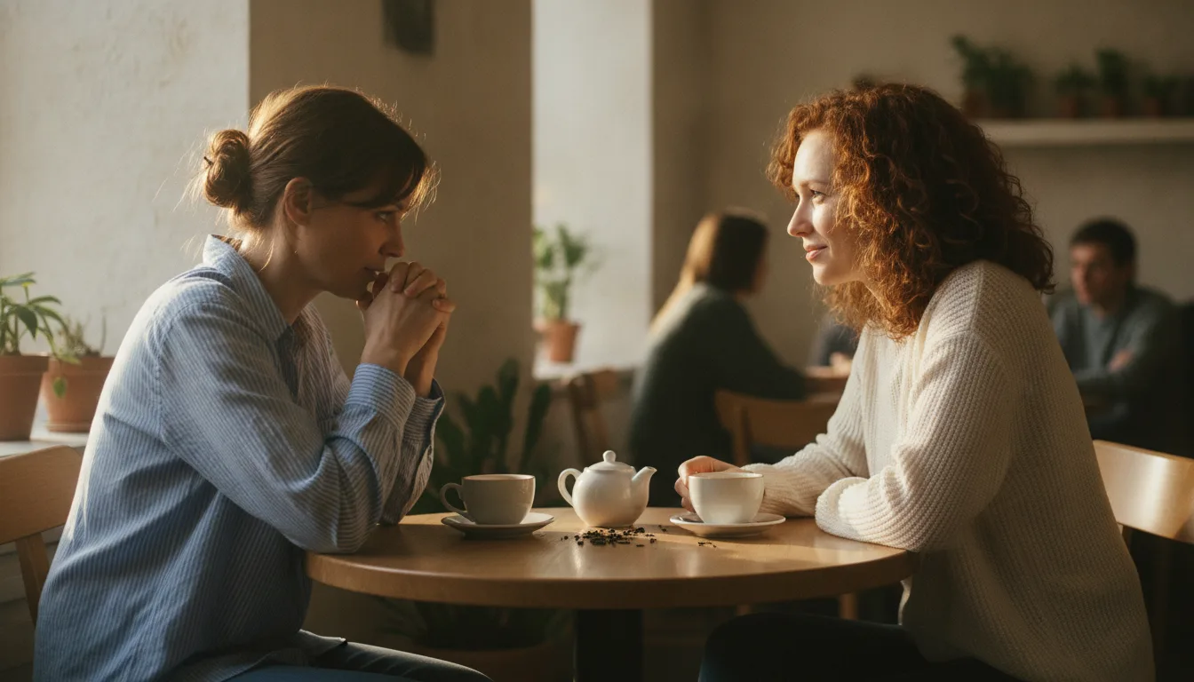 Photographie lifestyle de deux collègues d'une trentaine d'années assises face à face à la table d'un café lumineux, l'une se confie pendant que l'autre l'écoute avec attention et bienveillance, tasses de thé posées entre elles, lumière naturelle du matin, tons chauds