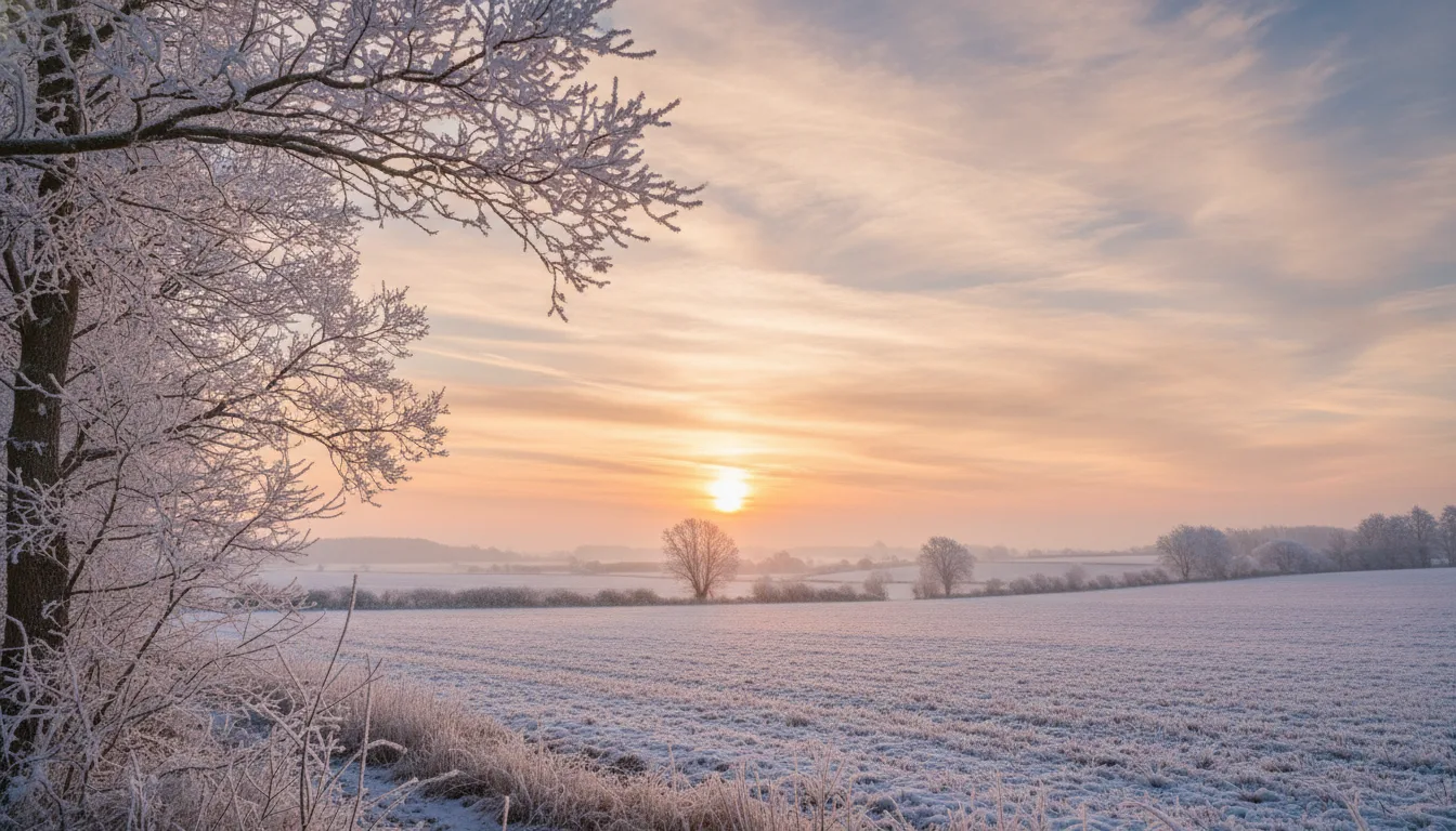 Lever de soleil sur une campagne couverte de givre, ciel rose et orangé, grand arbre givré au premier plan à gauche, champ blanc et arbres nus au loin, photo réaliste