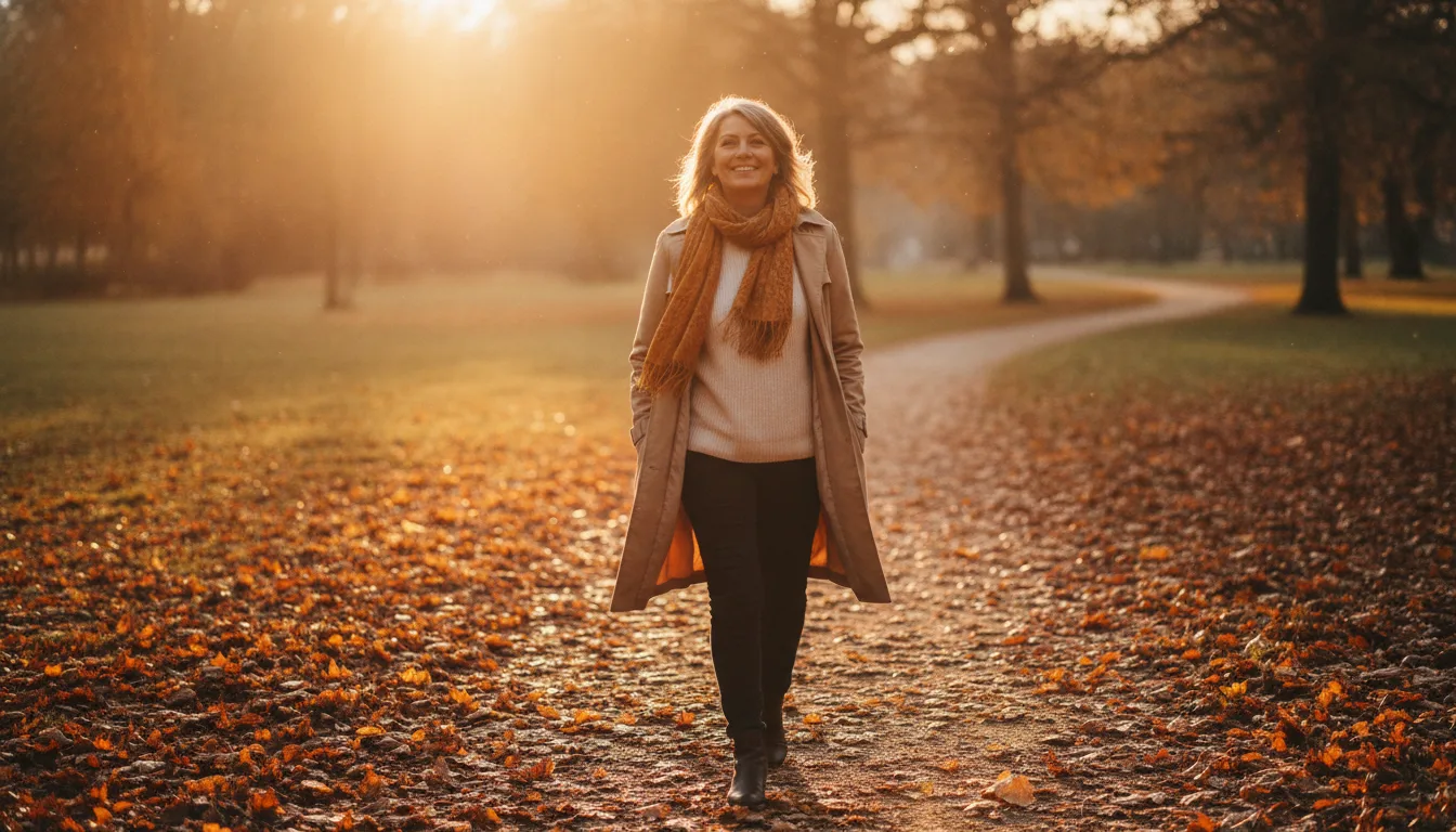 Photographie éditoriale naturelle d'une femme d'une cinquantaine d'années marchant dans un parc au petit matin d'automne, le visage détendu et souriant, feuilles dorées au sol, lumière rasante, tons ocre et orangé