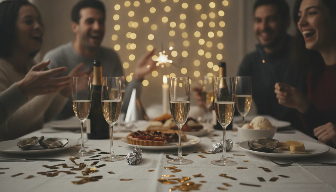 Table de réveillon dressée, flûtes de champagne, huîtres et tarte sur une nappe blanche parsemée de confettis dorés, quatre amis qui rient autour, cierge magique et rideau de guirlandes lumineuses en arrière-plan, photo réaliste